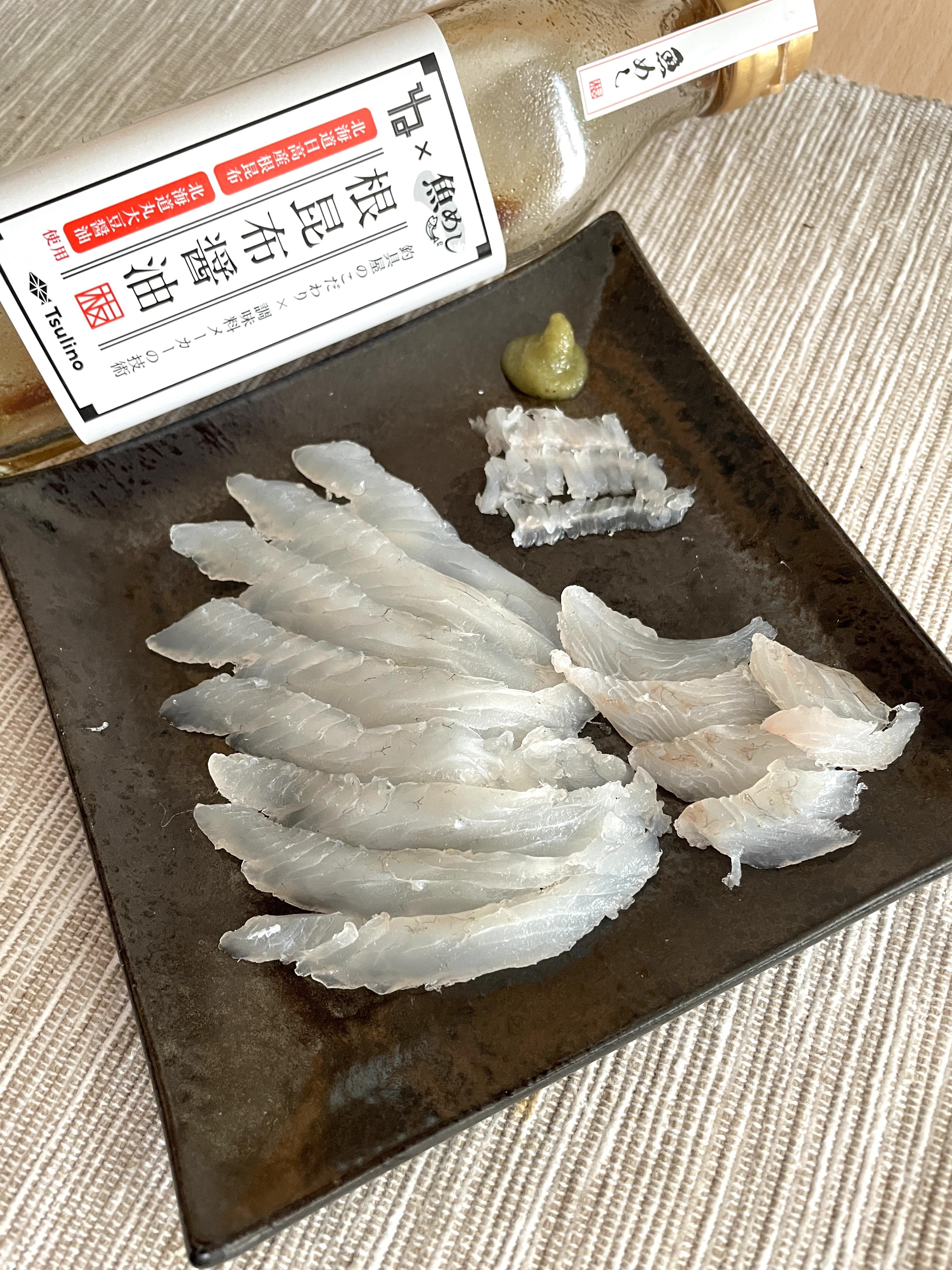 釣れたヒラメは翌朝
お刺身で頂きました♪
お刺身にはお魚に良く合う
ツリノ 根昆布醤油
がオススメですよ！